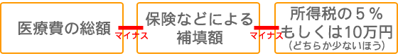 医療費の総額－保険などによる補填額－所得税の５％もしくは10万円（どちらか少ないほう）